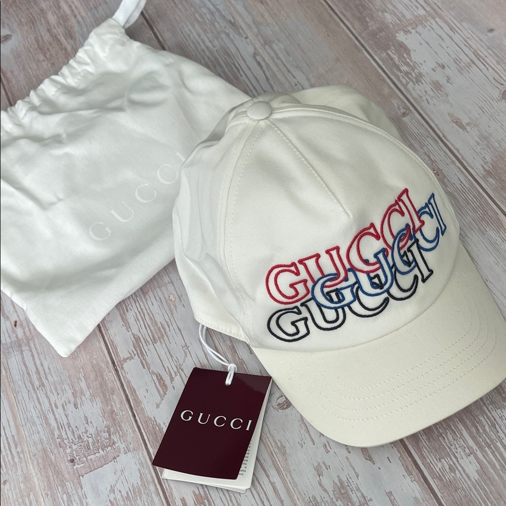 $850 New, Authentic GUCCI Baseball Cap Hat White XL Extra Large logo red blue